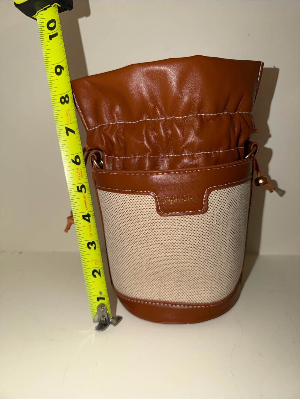 Beige Canvas & Brown Faux Leather Drawstring Bucket Bag
